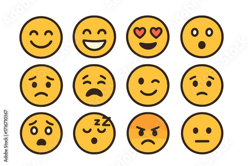 Emoji collection vector icon set. Minimalist cartoon emoticons with various expressions. Happy, sad, angry, love faces for digital communication and web design. Flat design.