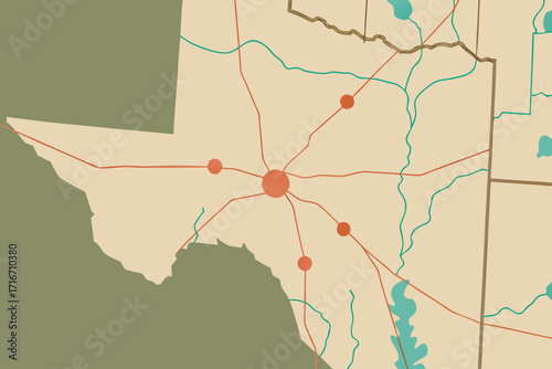 Texas State Map with Roads and Cities Illustrated United States map of