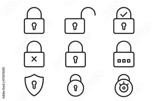 Lock line icon pack. Security and protection pictogram set. Padlock, unlock, password, access denied symbols. Editable stroke vector for app, web, and UI/UX design.