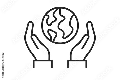 Hands protecting Earth line icon. Planet care and global responsibility concept. Sustainability, ecology, environmental conservation symbol. Save the world, love, peace vector logo.
