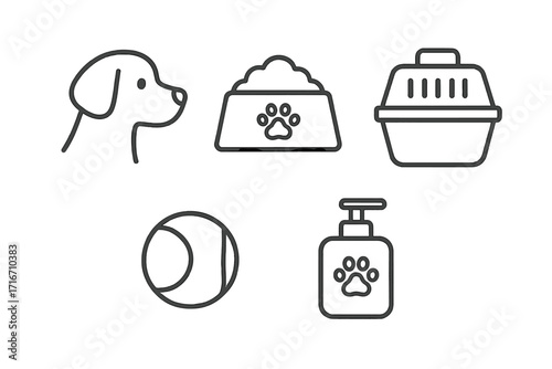 Dog care icons set. Pet supplies outline symbols. Puppy head, food bowl, carrier, ball toy, dog shampoo. Vector line art illustration for pet shop, vet clinic, grooming.