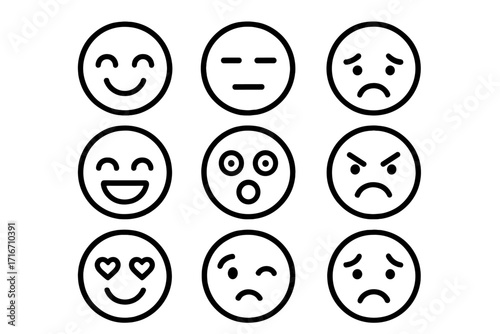 Minimalist emoji faces set with unique expressions. Simple line art vector cartoon illustration. Emoticon collection for social media, mood, feeling, feedback, happy, sad.