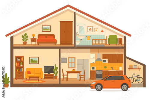 House in cut detailed interior. Cross-section with rooms and furniture. Home inside view with living room, kitchen, bedroom, nursery, bathroom, and garage. Flat vector illustration.