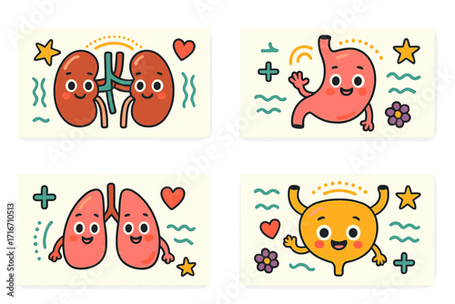 Health medical banners set with trendy retro human organ characters. Kids clinic, family doctor checkup. Cute cartoon kidneys, stomach, lungs, bladder mascots. Anatomy vector.
