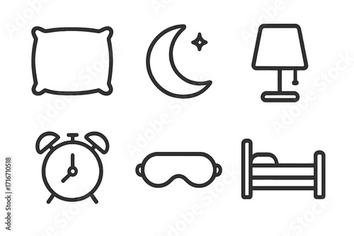 Sleep icon set. Bedtime essentials, healthy dream routine. Minimalist line art collection: pillow, moon, lamp, alarm clock, mask, bed. Vector graphic symbols for night.