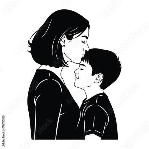 Mother kissing son forehead love