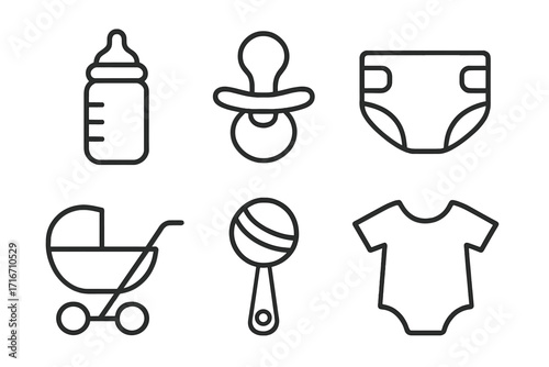 Baby essentials icon set. Newborn childcare outline symbols. Vector line art illustration of bottle, pacifier, diaper, stroller, rattle, onesie. Minimalist baby shower design.