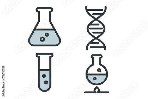 Science and chemistry research icon set. Minimalist vector illustrations of laboratory equipment like flasks, test tubes, and a DNA helix for biological experiments and genetics.