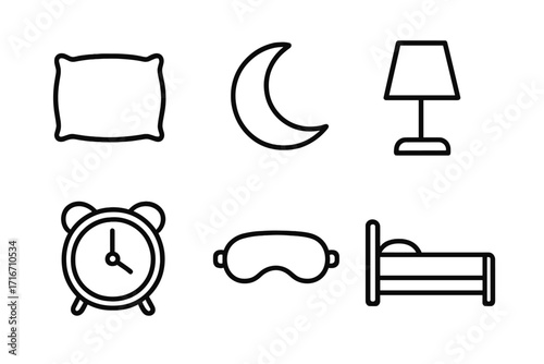 Sleep icons set. Bedtime essentials collection. Minimalist line art vector illustration of pillow, moon, lamp, alarm clock, sleep mask, and bed. Night routine symbols.