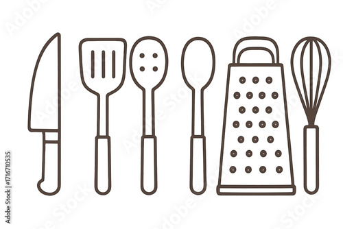 Cooking tools line art collection. Kitchen utensils vector icon set with knife, spatula, slotted spoon, grater, whisk. Minimalist culinary equipment for food preparation.