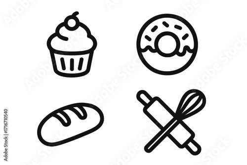 Minimalist bakery icon set with cupcake, donut, and bread. Simple line art vector illustration of pastry, dessert, and baking tools like rolling pin and whisk. For cafe menu.
