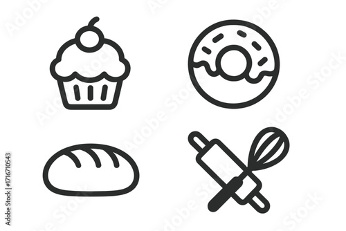 Minimalist bakery icons set with cupcake, donut, bread, and baking tools. Simple outline vector illustration of pastry and sweets. Perfect for cooking or food concept design.