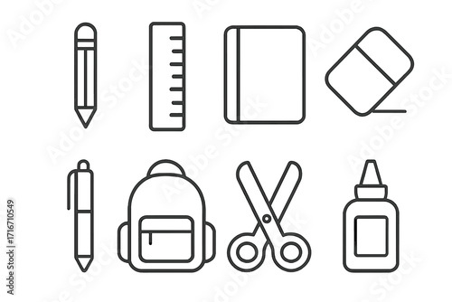 School supplies line icon set. Back to school stationery collection. Education, office equipment outline icons. Minimalist vector graphic of pencil, ruler, backpack, scissors.