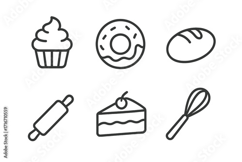 Bakery and pastry line icon set. Minimalist baking and cooking symbols. Includes cupcake, doughnut, bread, rolling pin, cake slice, and whisk for patisserie or cafe menu.