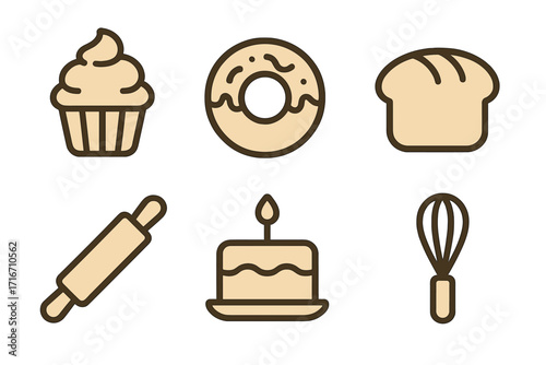 Set of minimalist bakery line icons. Vector illustration of cupcake, doughnut, bread, rolling pin, cake, whisk. Pastry, dessert and baking graphic elements for logo design.