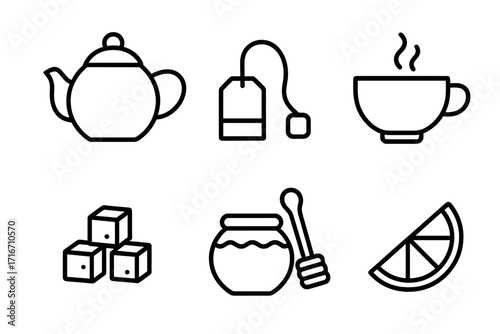 Tea time essentials icon set. Minimalist line art with teapot, teabag, cup, sugar, honey, and lemon. Vector graphic for cafe menu, beverage design, and breakfast symbols.