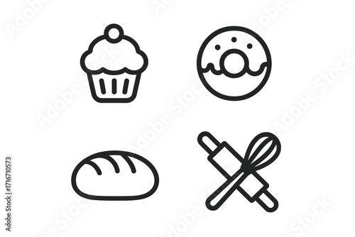 Bakery icons set, line art style. Minimalist vector symbols of cupcake, donut, and bread. Baking tools like rolling pin and whisk for kitchen and cooking concepts. Pastry.
