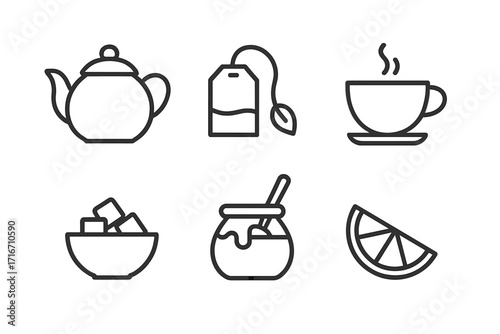 Tea time essentials icon set. Minimalist line art vector illustration. Teapot, cup, teabag, sugar cubes, honey jar, and lemon slice. Hot beverage and breakfast symbols.
