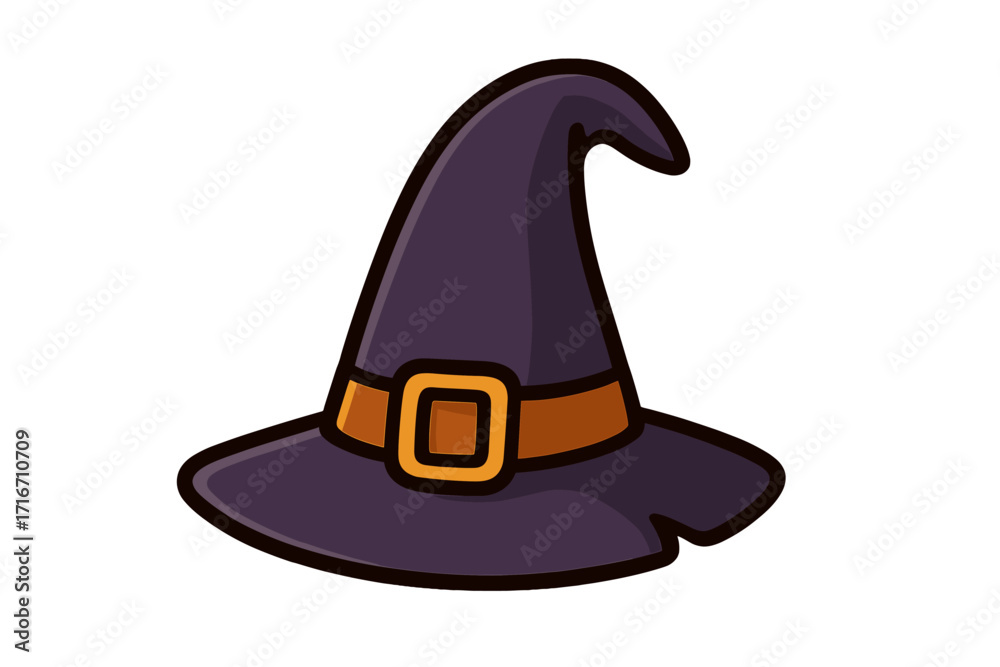 Naklejka premium Witch hat vector illustration for halloween. Magic wizard cap icon. Sorceress costume accessory. Fantasy cartoon graphic element. Pointy headwear for witchcraft celebration.