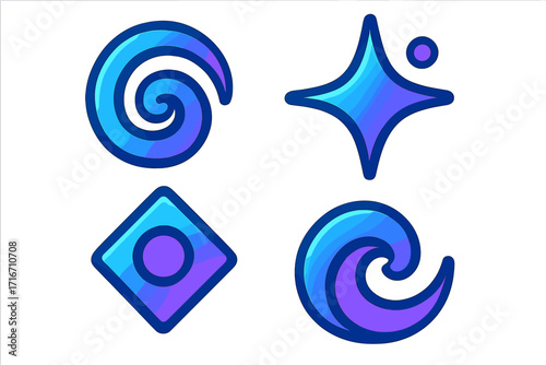 Vibrant blue and purple abstract digital symbols set, artistic swirl, wave, star, and diamond shapes, modern vector cartoon illustrations for graphic design and branding concepts