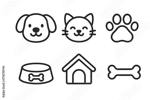 Cute pet line icons set with dog and cat faces, paw print, dog bowl, house, and bone, vector cartoon illustration, simple animal symbols with transparent background, ordered collection