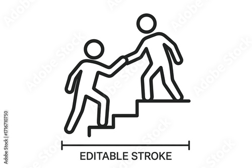 Helping hand on stairs icon. Person helping another climb. Metaphor for support, assistance, guidance, mentorship. Teamwork for career growth, success and development.
