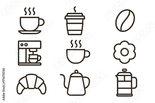 Coffee icon set. Minimalist line art collection for cafe menu. Vector elements like cup, machine, bean, croissant, french press. Breakfast and beverage symbols for coffee shop.