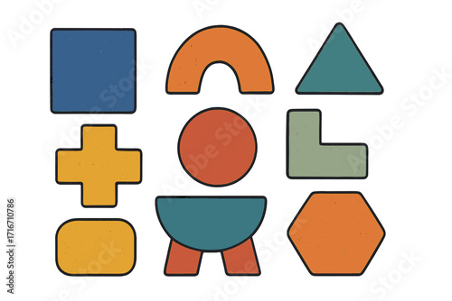 Brutalist geometric shapes set. Naive playful basic forms collection. Vector cartoon illustration with retro texture. Abstract primitive figures and design elements.