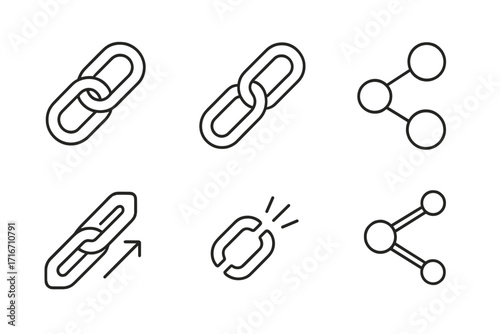 Link and share line icon collection. Vector symbols for hyperlink, chain, connection, network. UI UX pictogram set for web design. Broken link, connect, disconnect concepts.