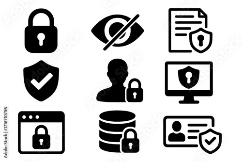 Privacy and data protection icon set in simple black style, secure lock, shield checkmark, user privacy, secure document, database protection, cybersecurity symbols, transparent background vector