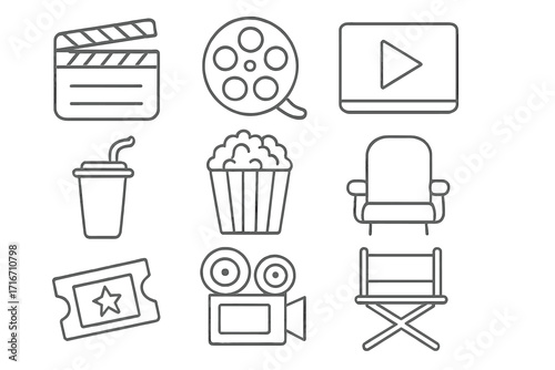 Cinema and movie linear icon set. Vector illustration collection of film industry symbols. Clapperboard, camera, popcorn, drink, ticket, and film reel signs. Entertainment.