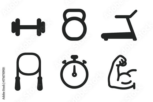 Minimalist gym equipment icons vector set. Dumbbell, kettlebell, treadmill, jump rope, stopwatch, muscle arm. Fitness, workout, exercise, strength training, cardio concept.