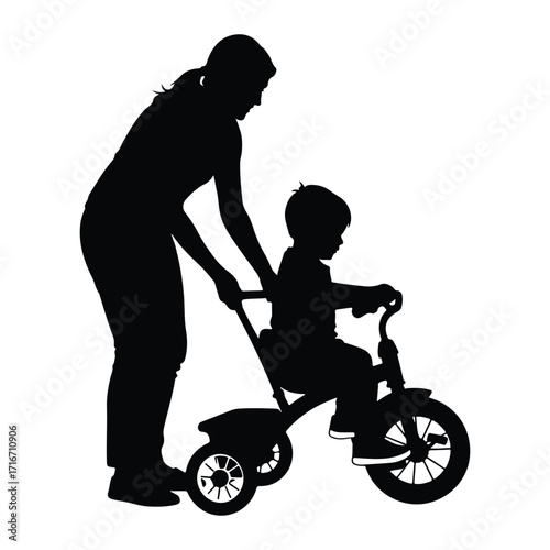 Mother pushing child on tricycle silhouette