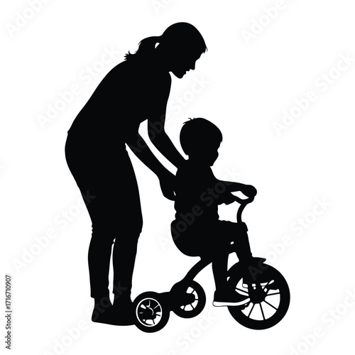 Mother teaching child to ride tricycle silhouette