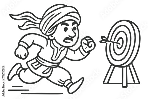 Determined man running towards target, traditional clothing, dynamic line art cartoon vector, goal achievement concept, arrow bullseye symbol, motivation illustration, transparent background