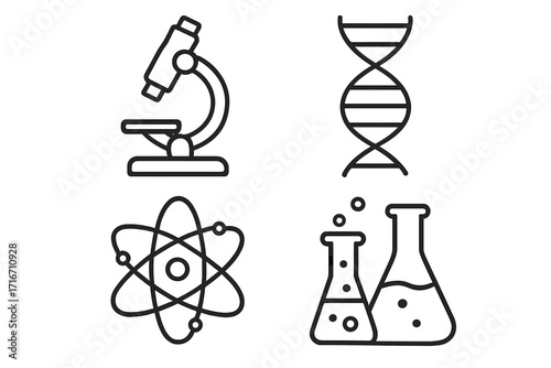 Scientific icons minimalist line art set with microscope, DNA strand, atom model, and chemistry lab equipment, vector illustration in cartoon style with transparent background