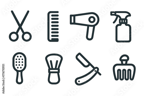 Hair salon and barbershop tools icon set. Minimalist line art for beauty and grooming. Vector illustration with scissors, comb, hairdryer, razor, and brush for modern design.
