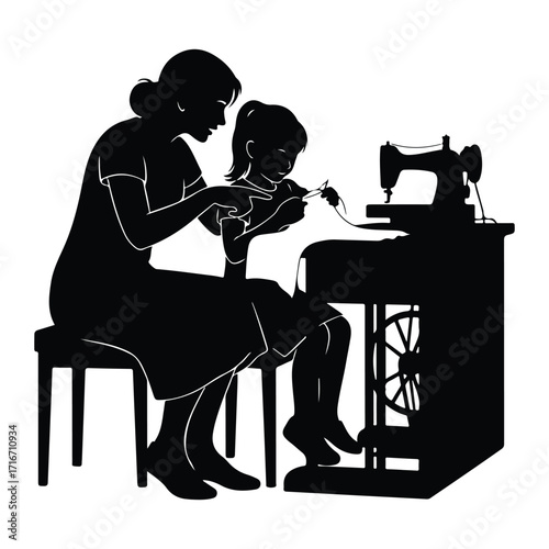 Mother teaching daughter sewing machine