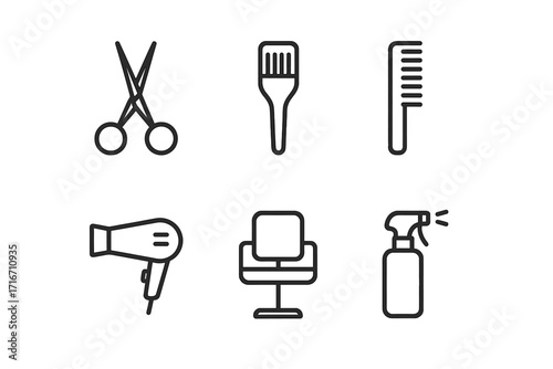 Minimalist hair salon tools icon set. Vector line art for barbershop and hairdresser branding. Professional hairstylist equipment symbols: scissors, comb, hairdryer, chair, spray.