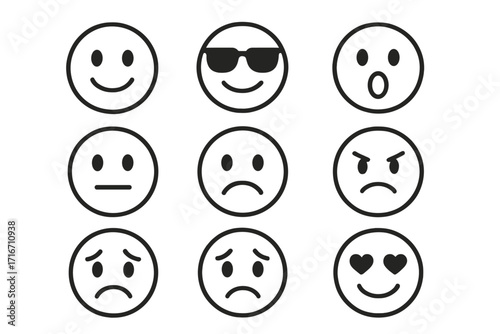 Set of linear emoji faces expressing diverse emotions, vector cartoon illustration with transparent background, ordered emoticon collection, happy, sad, angry, love, shocked, cool expressions