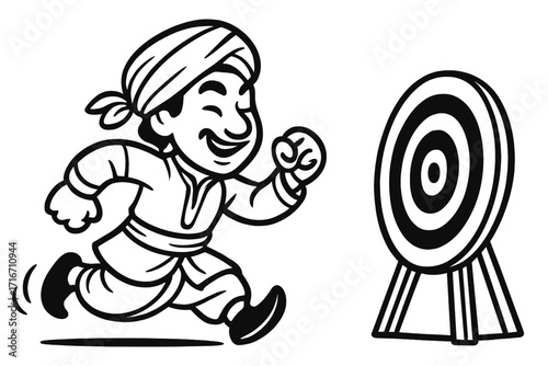Running man in traditional clothing aiming for target, stylized line art cartoon illustration, cultural attire, goal achievement concept, vector clipart with transparent background
