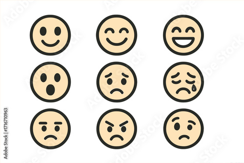 Set of linear emoji faces expressing varied emotions, vector cartoon illustration with transparent background, ordered collection of expressive emoticons for digital communication