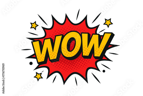 Wow comic speech bubble vector illustration. Pop art retro cartoon explosion with halftone shadow. Special offer and sale sticker. Surprise and excitement concept design.