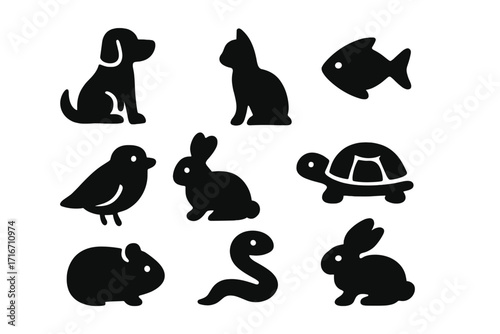 Pet animal silhouette icon set. Black vector cartoon illustration collection of dog, cat, fish, bird, rabbit, turtle, snake, guinea pig. Minimalist graphic elements for vet.