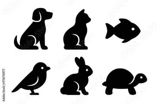 Pet animal icon set. Minimalist black silhouettes of dog, cat, fish, bird, rabbit, and turtle. Simple vector glyphs for veterinary, pet shop, or animal care concepts.