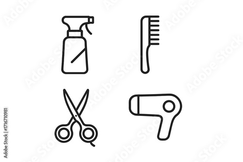 Hairdresser tools minimalist icon set. Vector line art for hair salon and barbershop branding. Includes scissors, comb, hairdryer, and spray for modern graphic design.