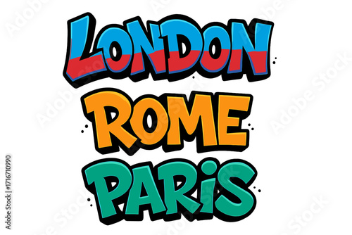 London, Rome, Paris graffiti lettering of European capital city logos. Vector typography for t-shirt print. Urban hip hop street art style. Cool cartoon font collection.