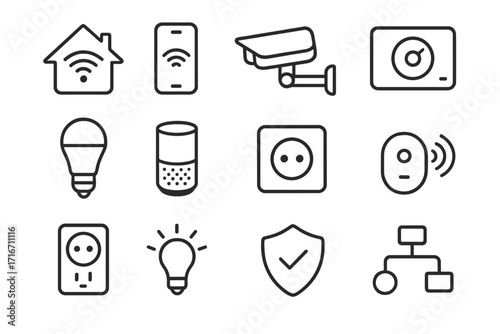 Smart home essentials icons set with minimal linear design for modern devices and automation technology, vector cartoon illustration, home security, IoT controls