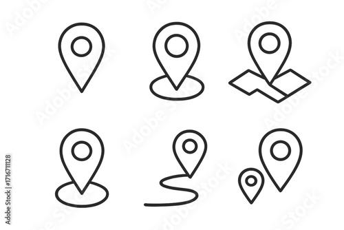 Location pin line icon set. Vector map pointer collection for GPS navigation. Destination marker and route symbols. Geotag position for web and app UI design. Editable stroke.