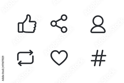 Social media icons set with like, thumbs up, share, user profile, retweet, heart, hashtag symbols. Minimalist simple line art vector graphic for web and app interface.